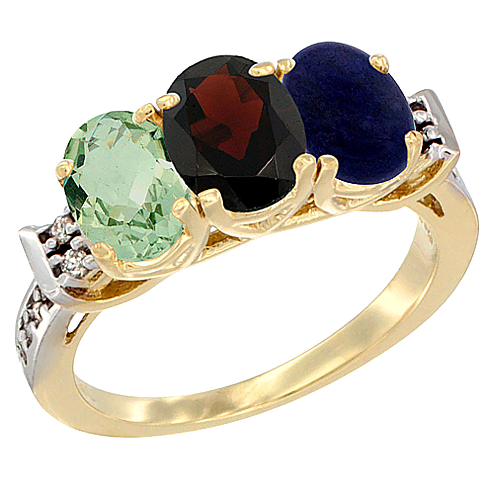 14K Yellow Gold Natural Green Amethyst, Garnet & Lapis Ring 3-Stone 7x5 mm Oval Diamond Accent, sizes 5 - 10