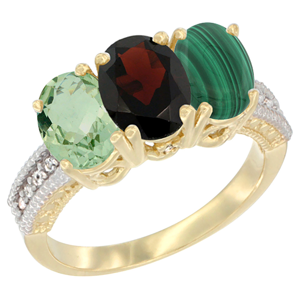 14K Yellow Gold Natural Green Amethyst, Garnet & Malachite Ring 3-Stone 7x5 mm Oval Diamond Accent, sizes 5 - 10