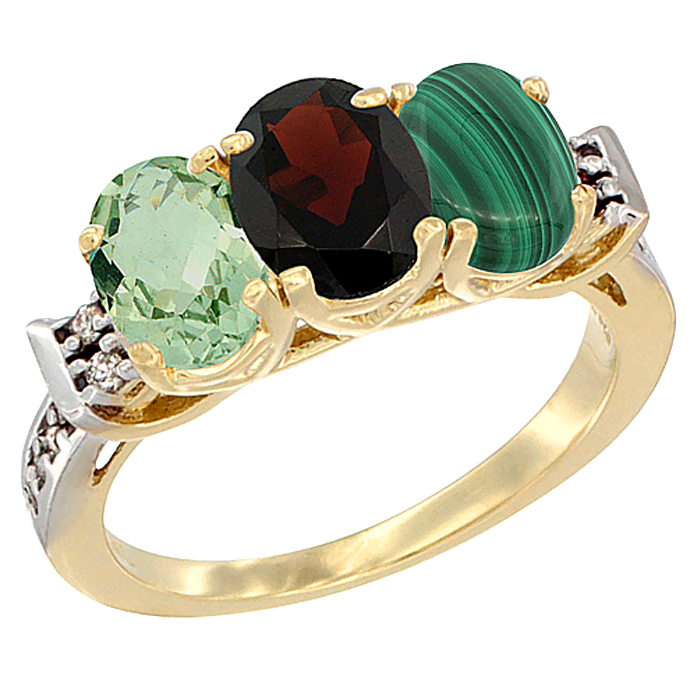 14K Yellow Gold Natural Green Amethyst, Garnet & Malachite Ring 3-Stone 7x5 mm Oval Diamond Accent, sizes 5 - 10