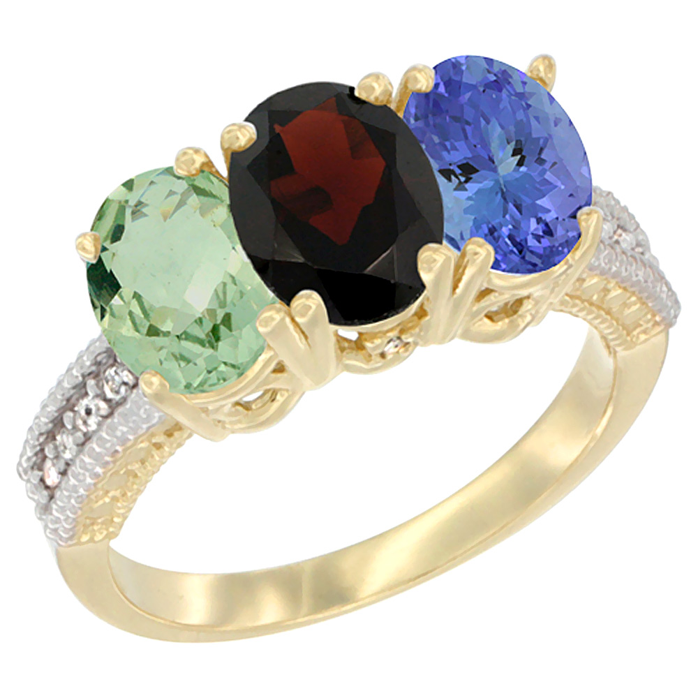 14K Yellow Gold Natural Green Amethyst, Garnet & Tanzanite Ring 3-Stone 7x5 mm Oval Diamond Accent, sizes 5 - 10