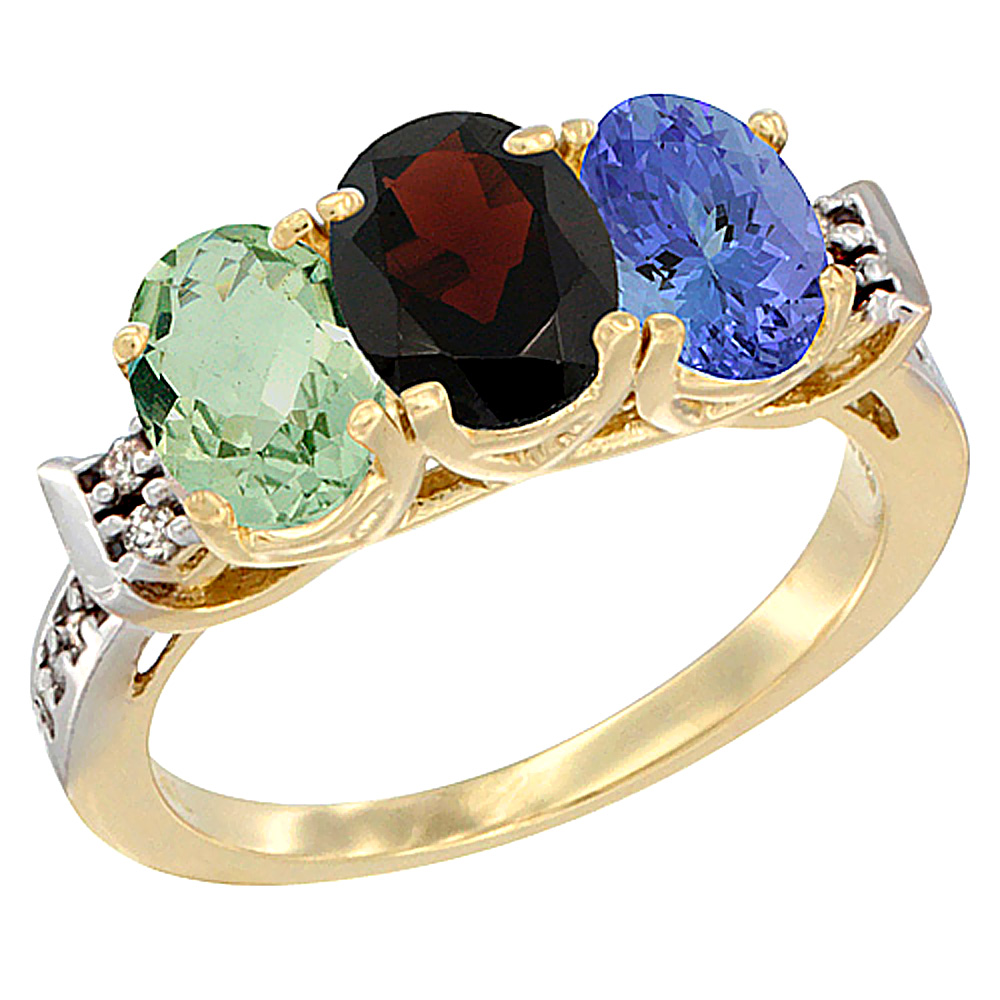 14K Yellow Gold Natural Green Amethyst, Garnet & Tanzanite Ring 3-Stone 7x5 mm Oval Diamond Accent, sizes 5 - 10