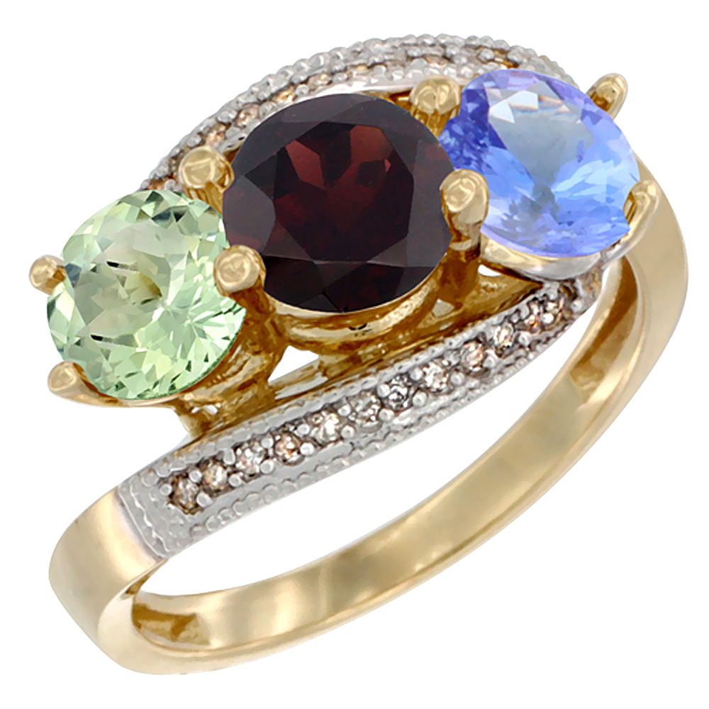 10K Yellow Gold Natural Green Amethyst, Garnet & Tanzanite 3 stone Ring Round 6mm Diamond Accent, sizes 5 - 10