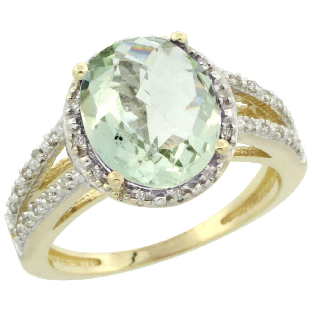 14K Yellow Gold Natural Green Amethyst Diamond Halo Ring Oval 11x9mm, sizes 5-10