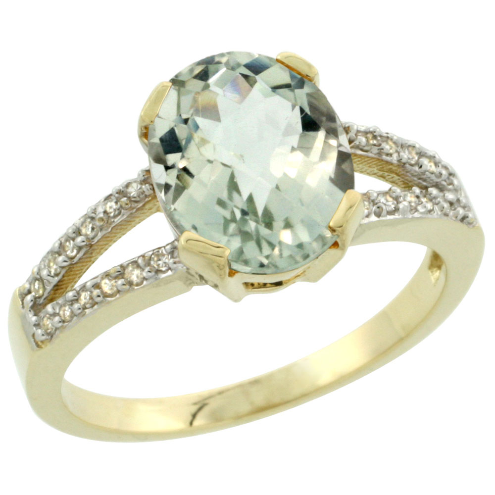 10K Yellow Gold Diamond Genuine Green Amethyst Engagement Ring Oval 10x8mm sizes 5-10