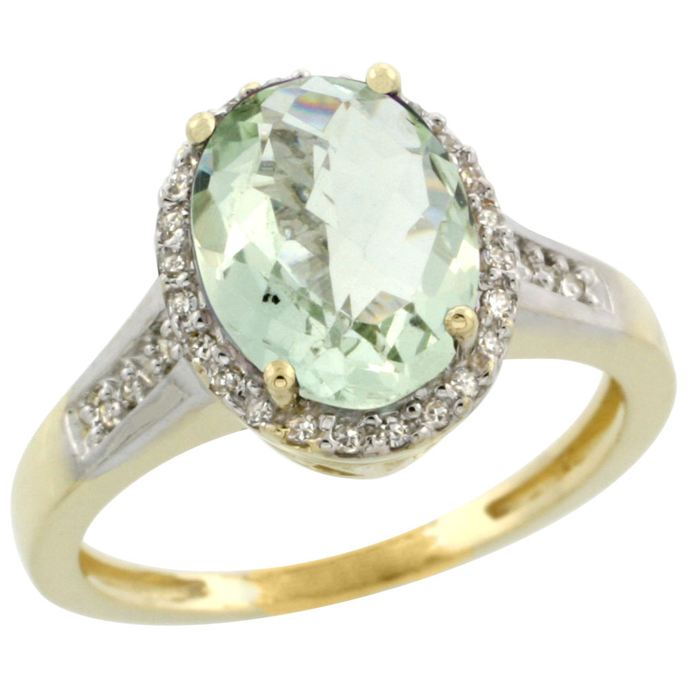 14K Yellow Gold Diamond Natural Green Amethyst Engagement Ring Oval 10x8mm, sizes 5-10