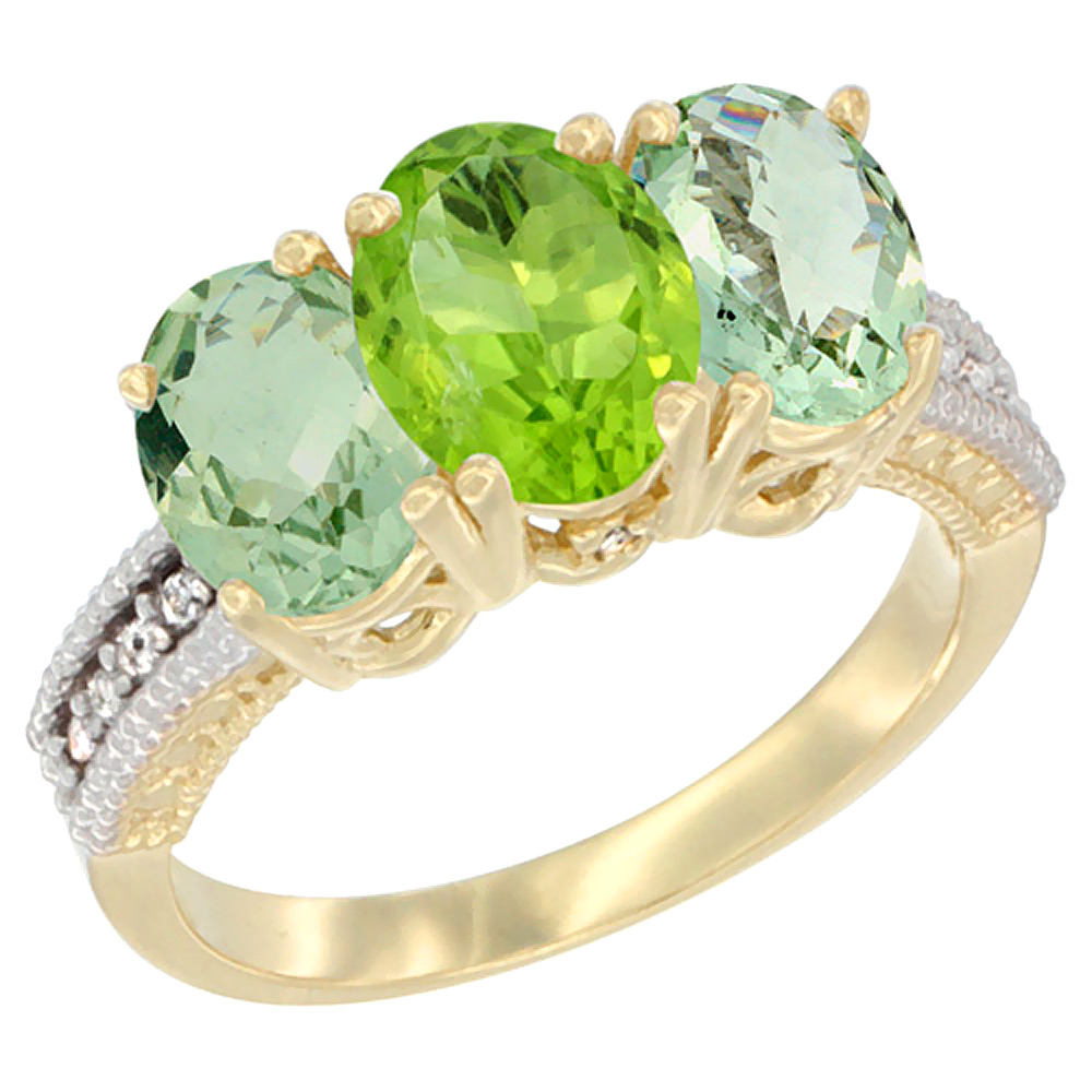 14K Yellow Gold Natural Peridot & Green Amethyst Sides Ring 3-Stone 7x5 mm Oval Diamond Accent, sizes 5 - 10