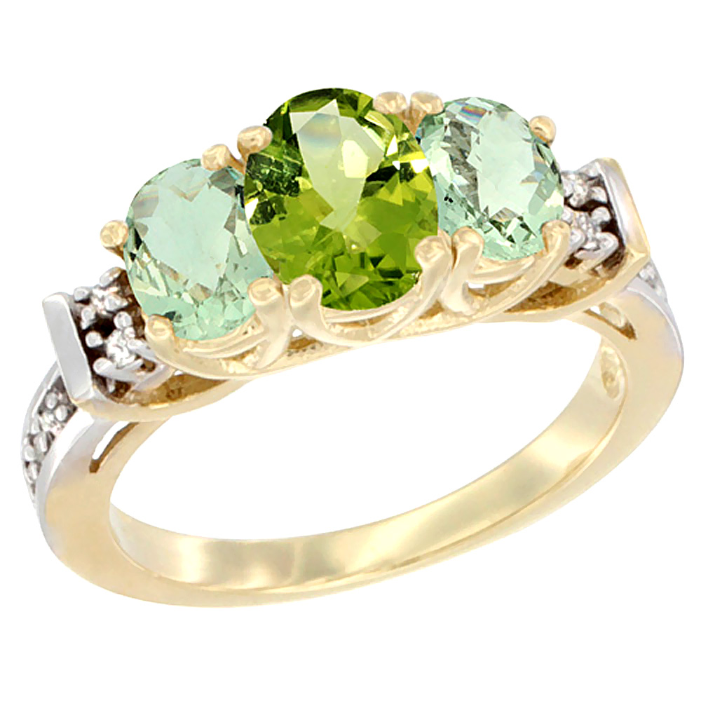 14K Yellow Gold Natural Peridot & Green Amethyst Ring 3-Stone Oval Diamond Accent