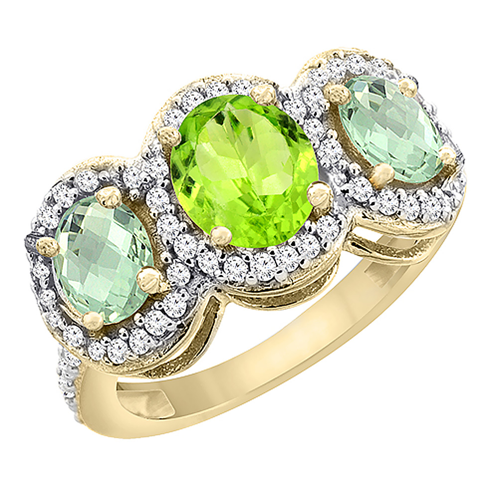 14K Yellow Gold Natural Peridot & Green Amethyst 3-Stone Ring Oval Diamond Accent, sizes 5 - 10