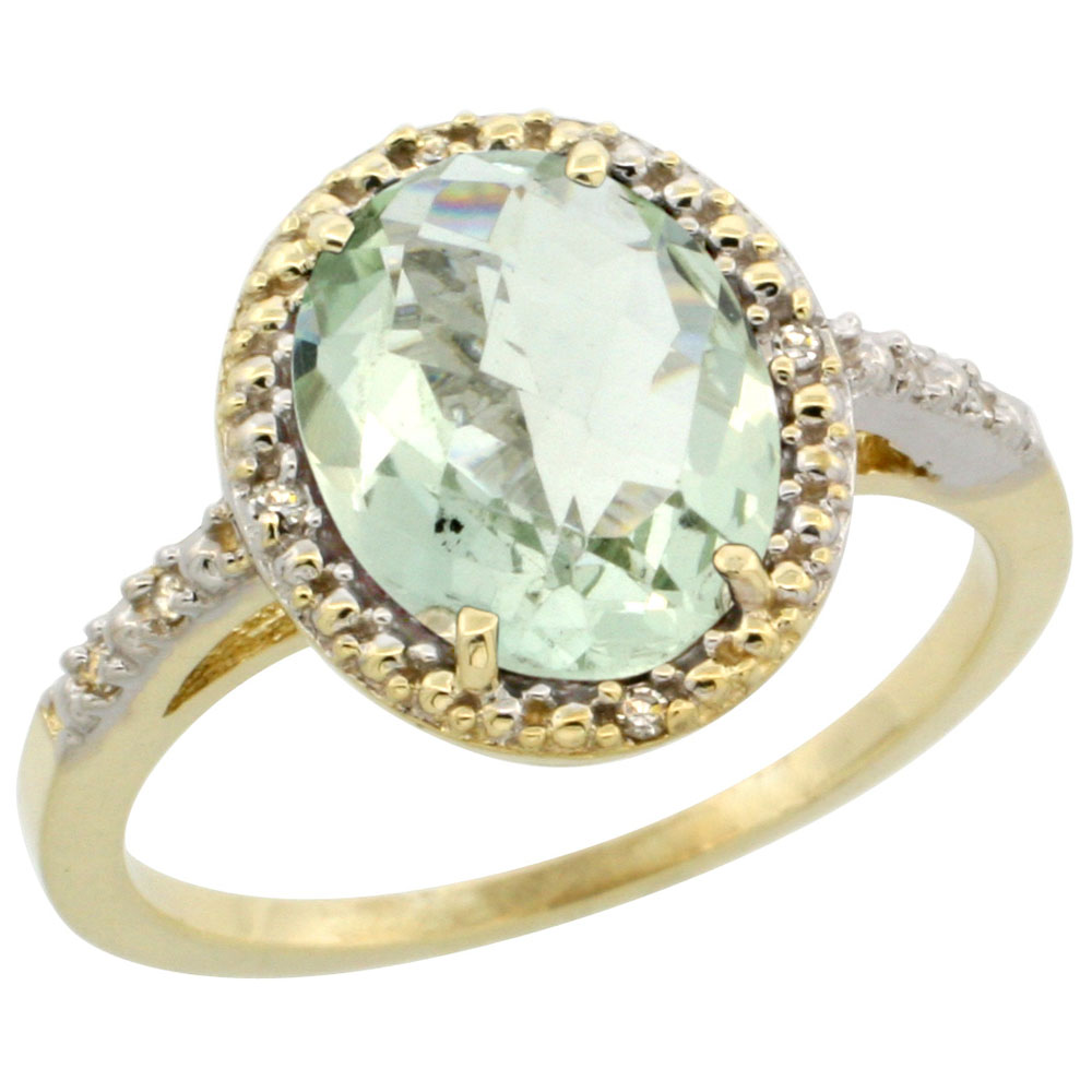 14K Yellow Gold Diamond Natural Green Amethyst Engagement Ring Oval 10x8mm, sizes 5-10