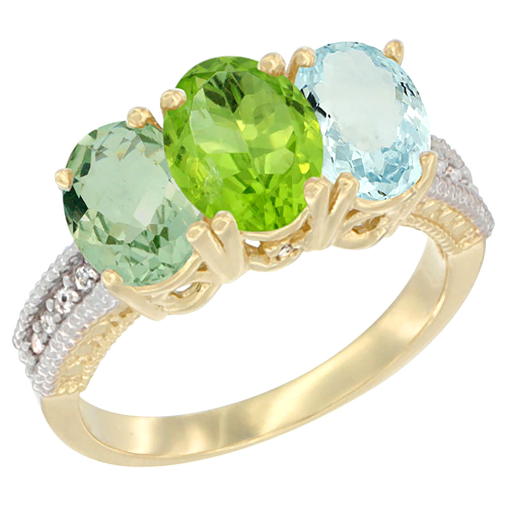 14K Yellow Gold Natural Green Amethyst, Peridot & Aquamarine Ring 3-Stone 7x5 mm Oval Diamond Accent, sizes 5 - 10