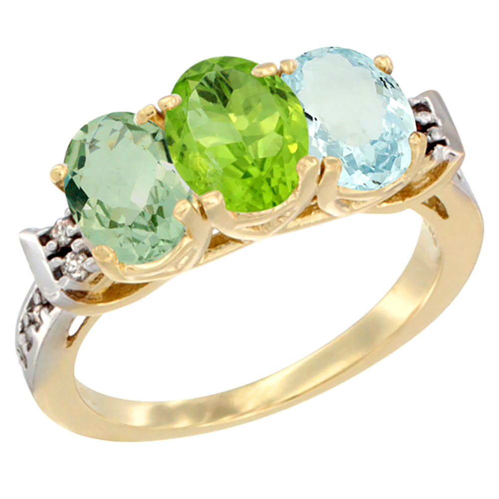 14K Yellow Gold Natural Green Amethyst, Peridot &amp; Aquamarine Ring 3-Stone 7x5 mm Oval Diamond Accent, sizes 5 - 10