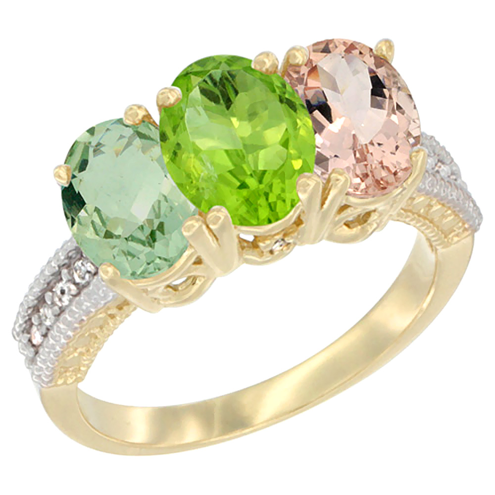 14K Yellow Gold Natural Green Amethyst, Peridot & Morganite Ring 3-Stone 7x5 mm Oval Diamond Accent, sizes 5 - 10