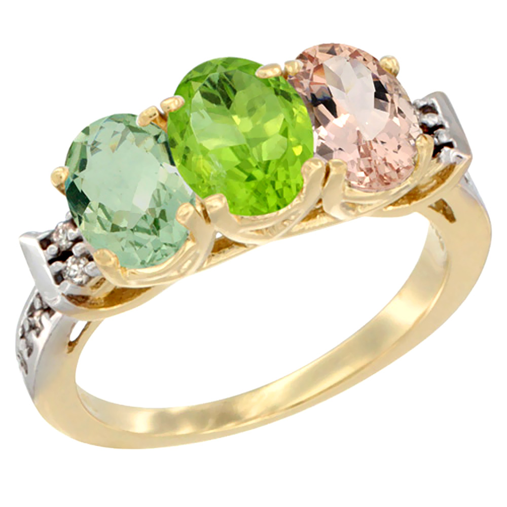 10K Yellow Gold Natural Green Amethyst, Peridot & Morganite Ring 3-Stone Oval 7x5 mm Diamond Accent, sizes 5 - 10