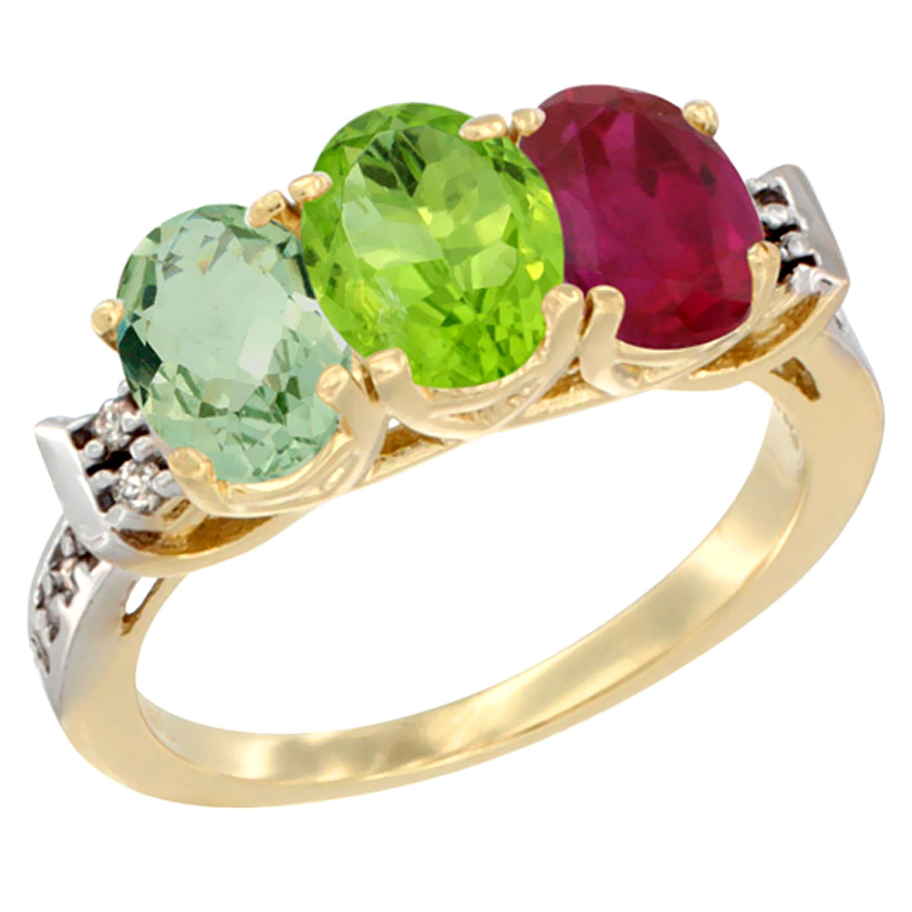 14K Yellow Gold Natural Green Amethyst, Peridot & Enhanced Ruby Ring 3-Stone 7x5 mm Oval Diamond Accent, sizes 5 - 10