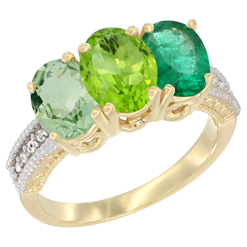 14K Yellow Gold Natural Green Amethyst, Peridot & Emerald Ring 3-Stone 7x5 mm Oval Diamond Accent, sizes 5 - 10