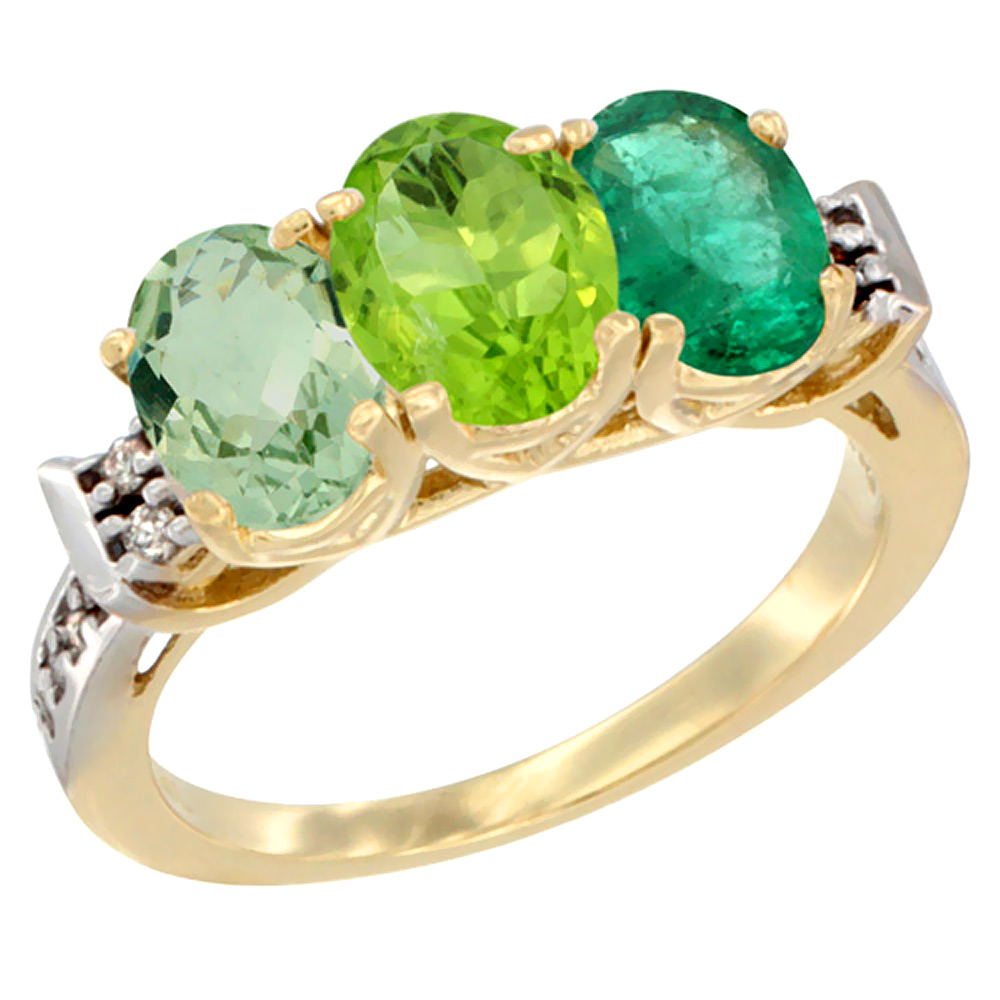 14K Yellow Gold Natural Green Amethyst, Peridot &amp; Emerald Ring 3-Stone 7x5 mm Oval Diamond Accent, sizes 5 - 10