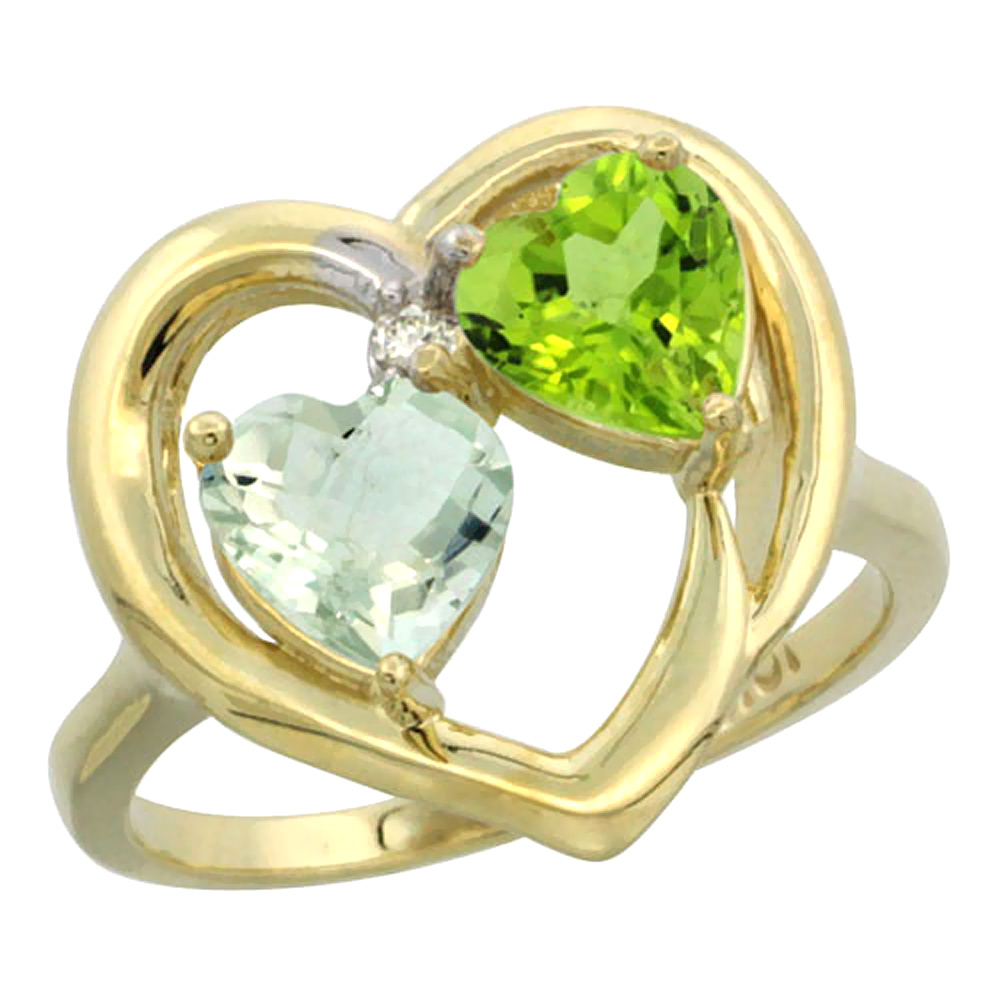 14K Yellow Gold Diamond Two-stone Heart Ring 6mm Natural Green Amethyst &amp; Peridot, sizes 5-10