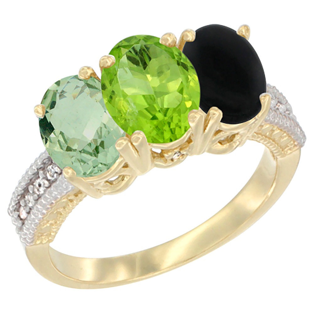 14K Yellow Gold Natural Green Amethyst, Peridot & Black Onyx Ring 3-Stone 7x5 mm Oval Diamond Accent, sizes 5 - 10