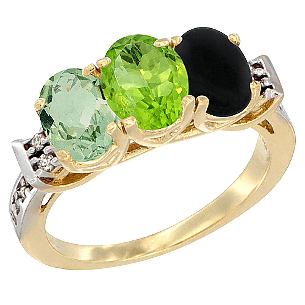 10K Yellow Gold Natural Green Amethyst, Peridot & Black Onyx Ring 3-Stone Oval 7x5 mm Diamond Accent, sizes 5 - 10