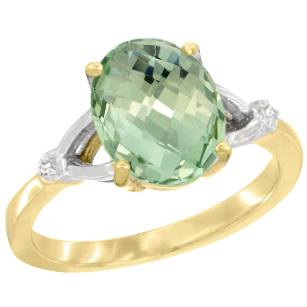 10K Yellow Gold Diamond Genuine Green Amethyst Engagement Ring Oval 10x8mm sizes 5-10