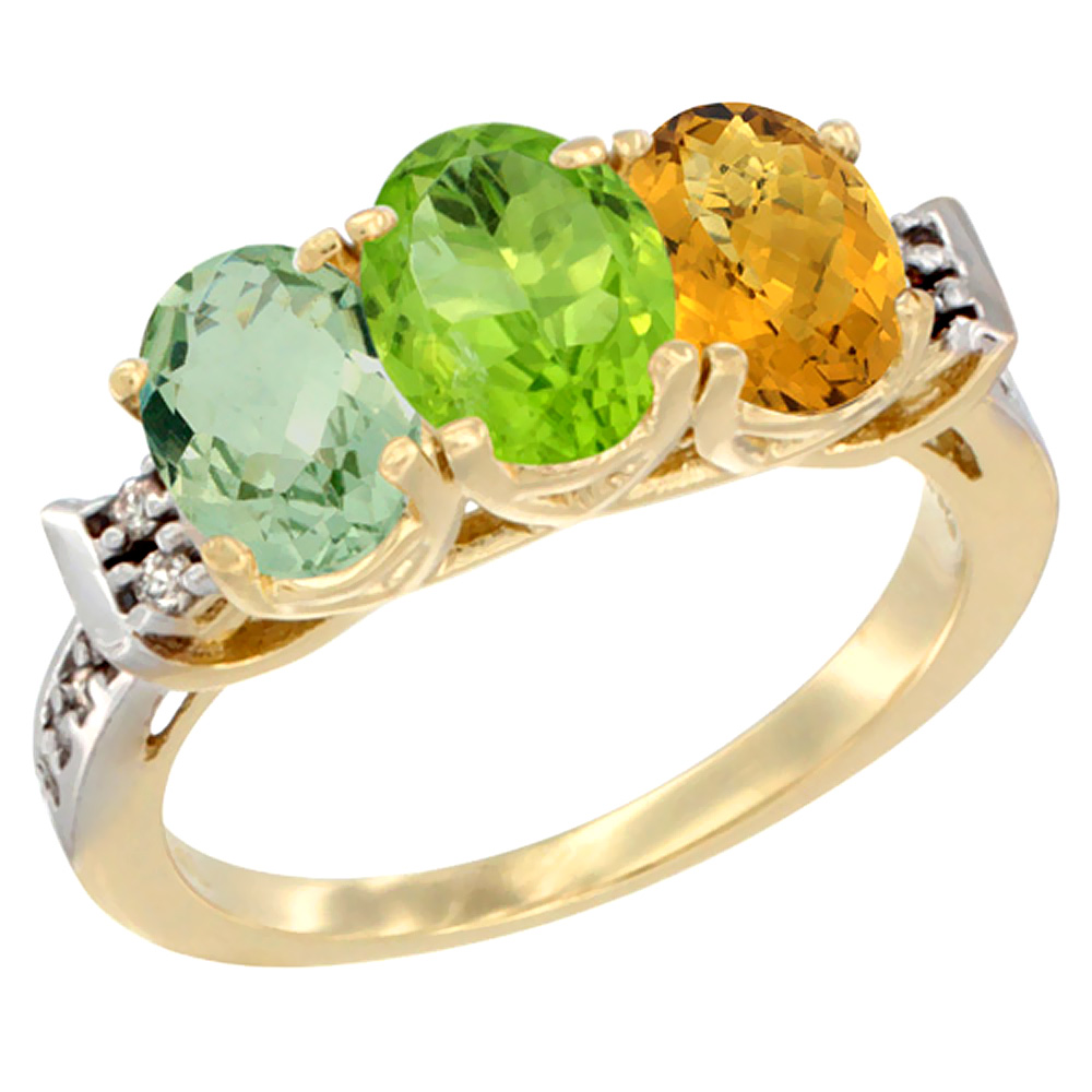 14K Yellow Gold Natural Green Amethyst, Peridot & Whisky Quartz Ring 3-Stone 7x5 mm Oval Diamond Accent, sizes 5 - 10