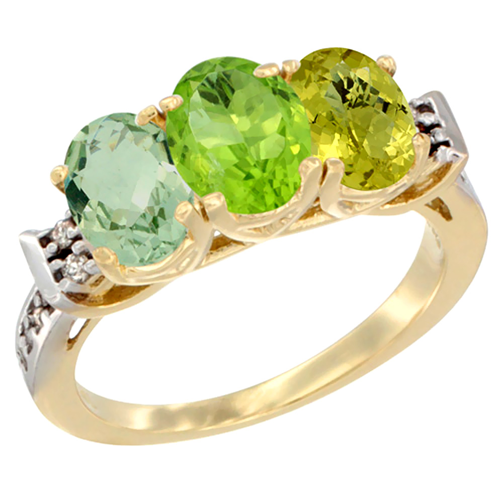 10K Yellow Gold Natural Green Amethyst, Peridot & Lemon Quartz Ring 3-Stone Oval 7x5 mm Diamond Accent, sizes 5 - 10