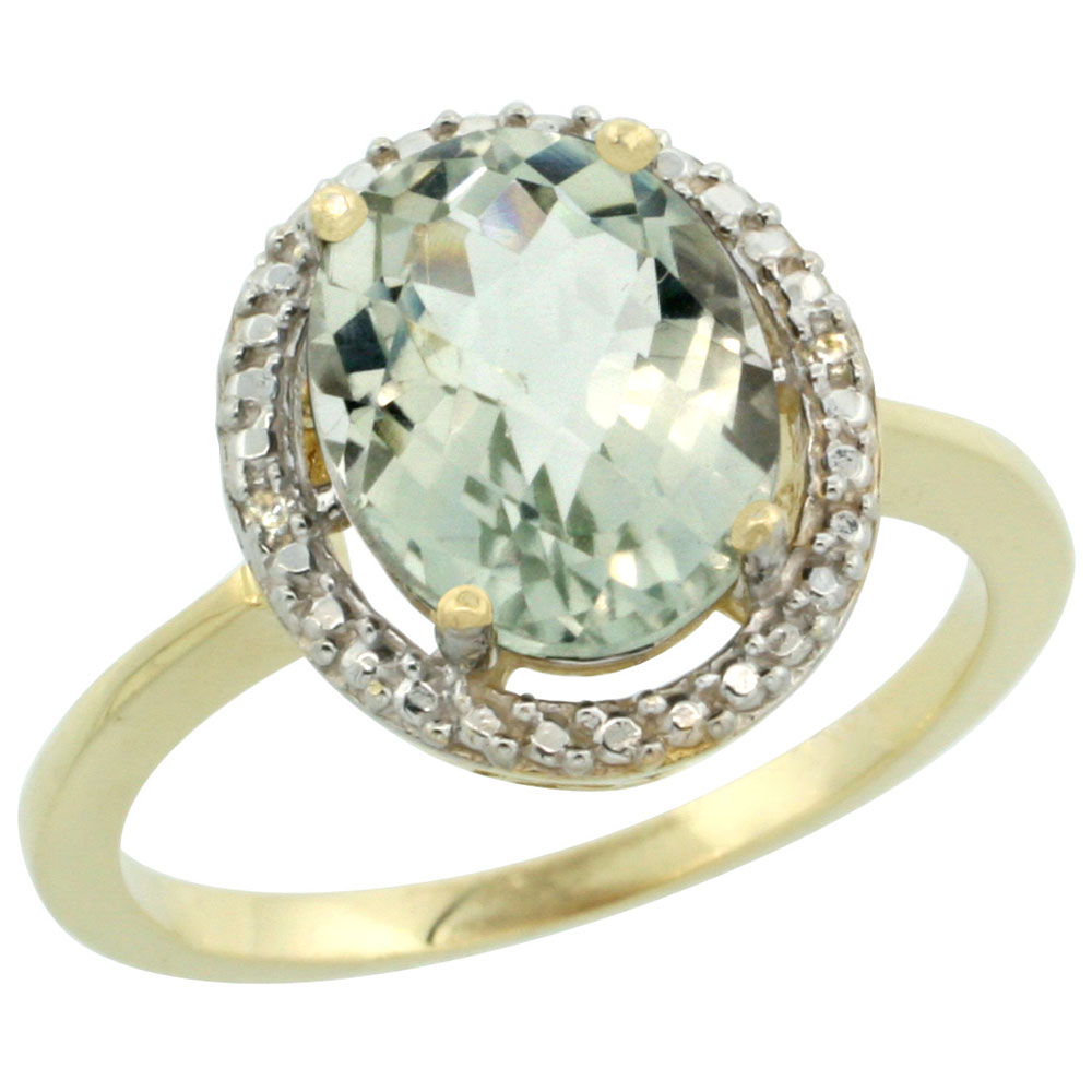 14K Yellow Gold Diamond Natural Green Amethyst Engagement Ring Oval 10x8mm, sizes 5-10