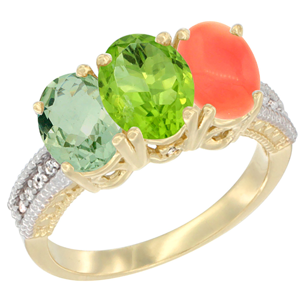 10K Yellow Gold Diamond Natural Green Amethyst, Peridot & Coral Ring 3-Stone Oval 7x5 mm, sizes 5 - 10