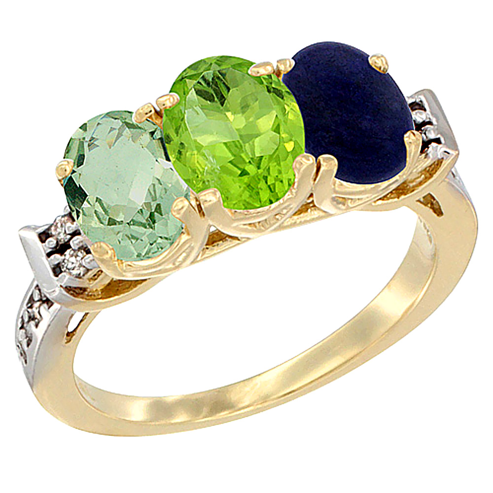 14K Yellow Gold Natural Green Amethyst, Peridot & Lapis Ring 3-Stone 7x5 mm Oval Diamond Accent, sizes 5 - 10