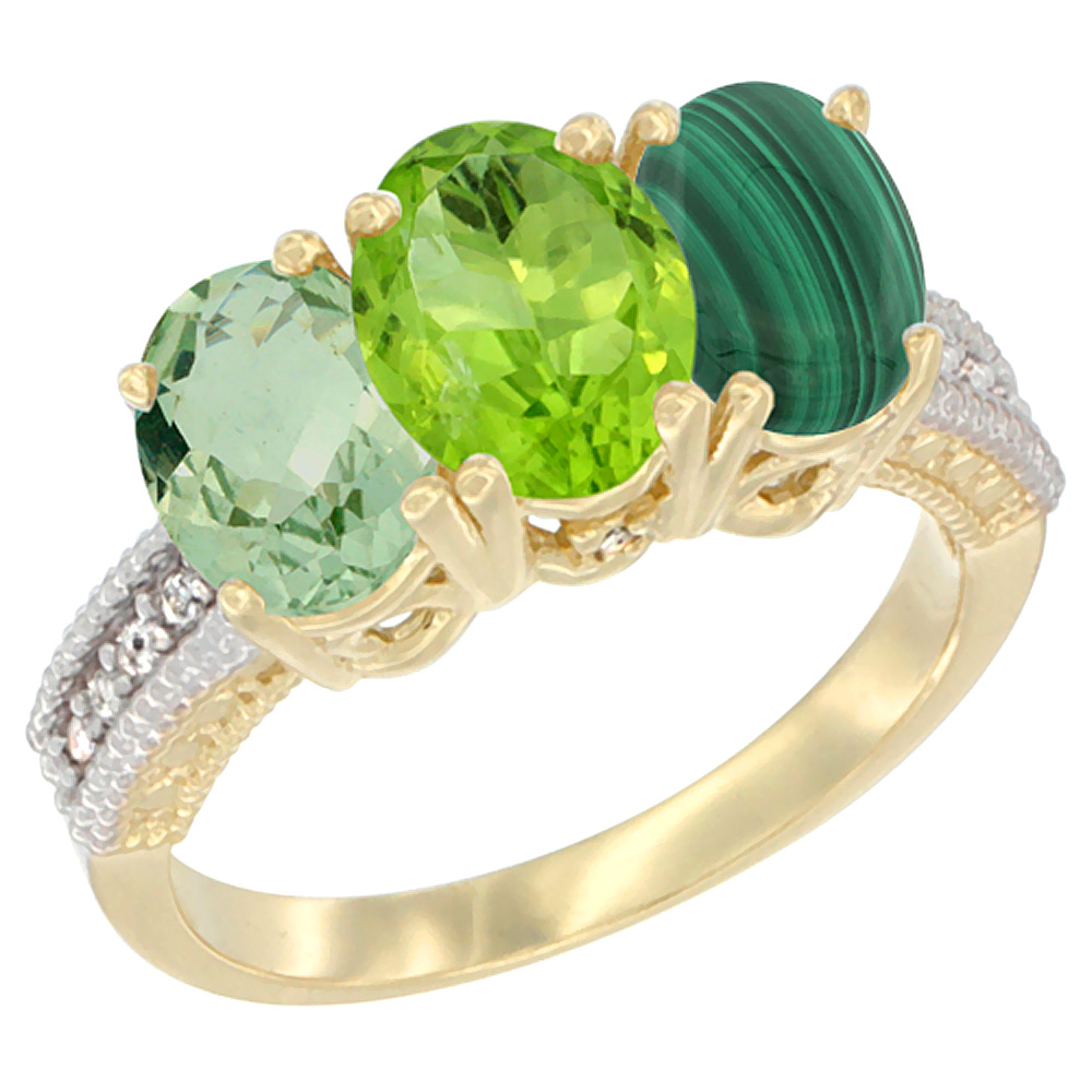 14K Yellow Gold Natural Green Amethyst, Peridot & Malachite Ring 3-Stone 7x5 mm Oval Diamond Accent, sizes 5 - 10