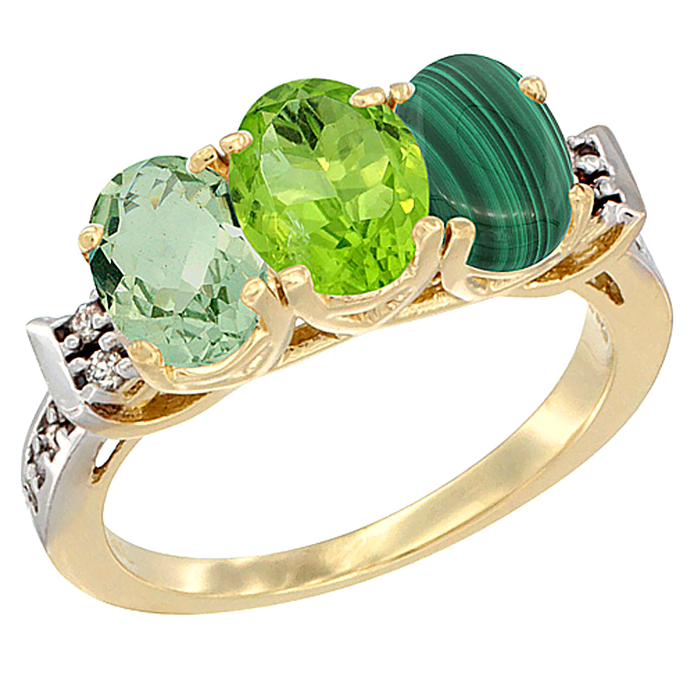 14K Yellow Gold Natural Green Amethyst, Peridot & Malachite Ring 3-Stone 7x5 mm Oval Diamond Accent, sizes 5 - 10