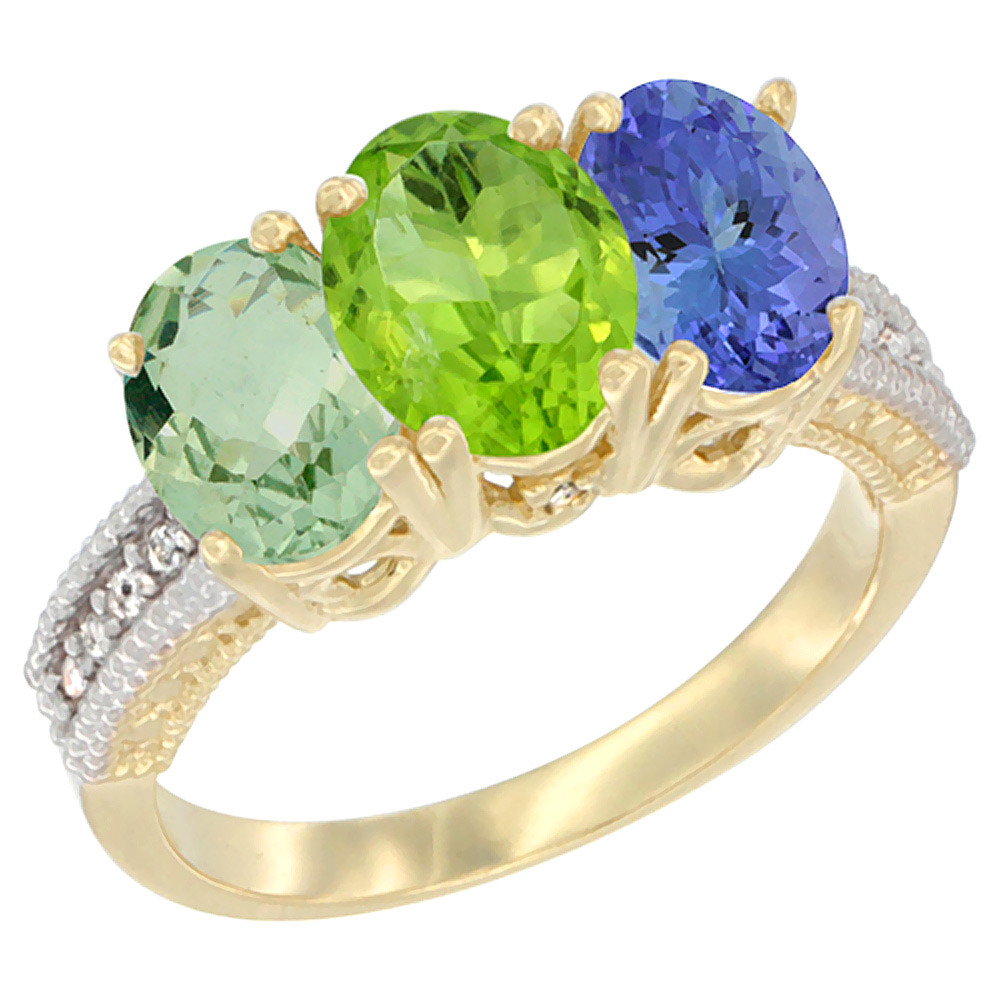 14K Yellow Gold Natural Green Amethyst, Peridot & Tanzanite Ring 3-Stone 7x5 mm Oval Diamond Accent, sizes 5 - 10