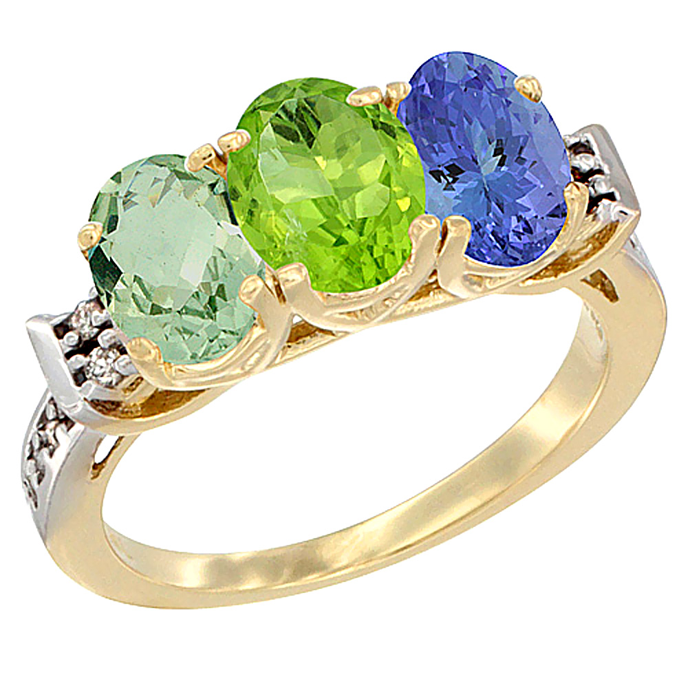 10K Yellow Gold Natural Green Amethyst, Peridot & Tanzanite Ring 3-Stone Oval 7x5 mm Diamond Accent, sizes 5 - 10