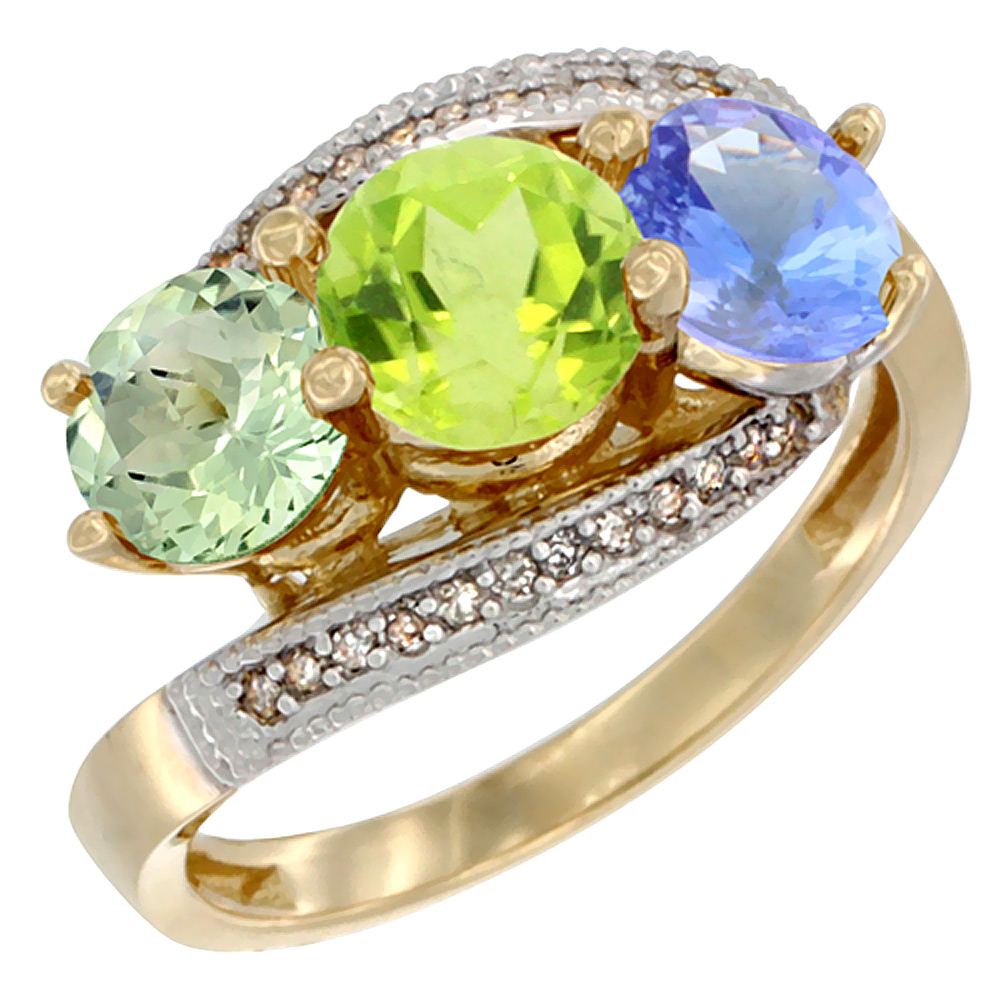 14K Yellow Gold Natural Green Amethyst, Peridot &amp; Tanzanite 3 stone Ring Round 6mm Diamond Accent, sizes 5 - 10