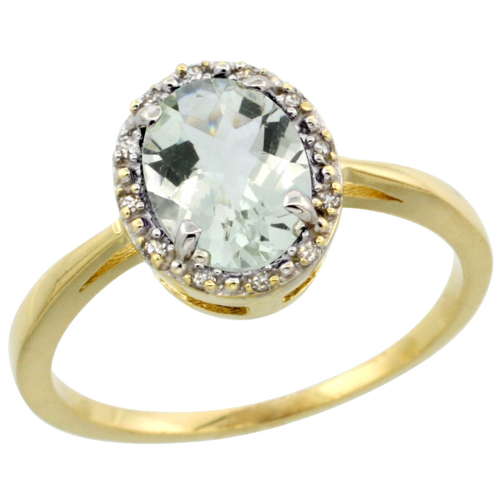 14K Yellow Gold Natural Green Amethyst Ring Oval 8x6 mm Diamond Halo, sizes 5-10