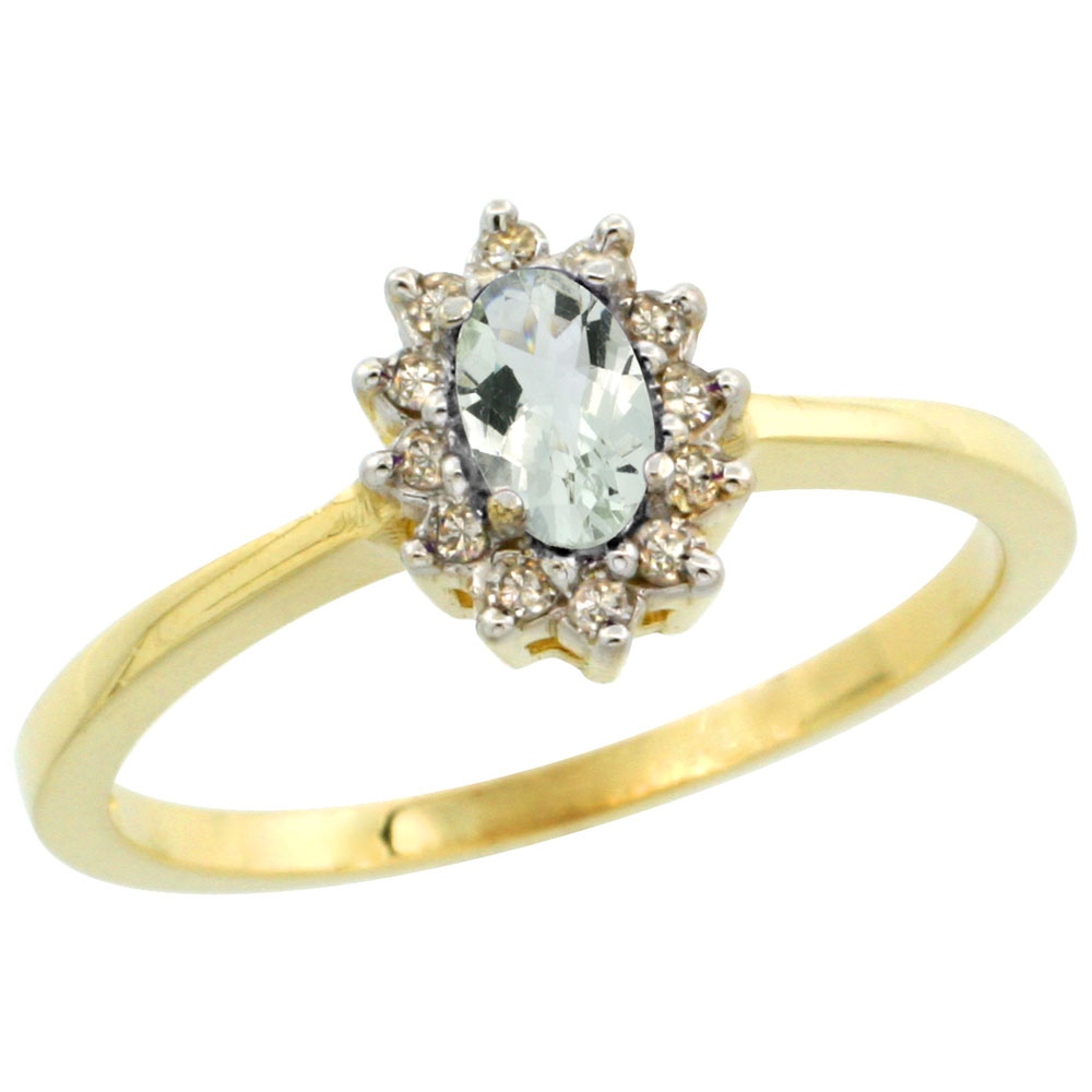 14K Yellow Gold Natural Green Amethyst Ring Oval 5x3mm Diamond Halo, sizes 5-10