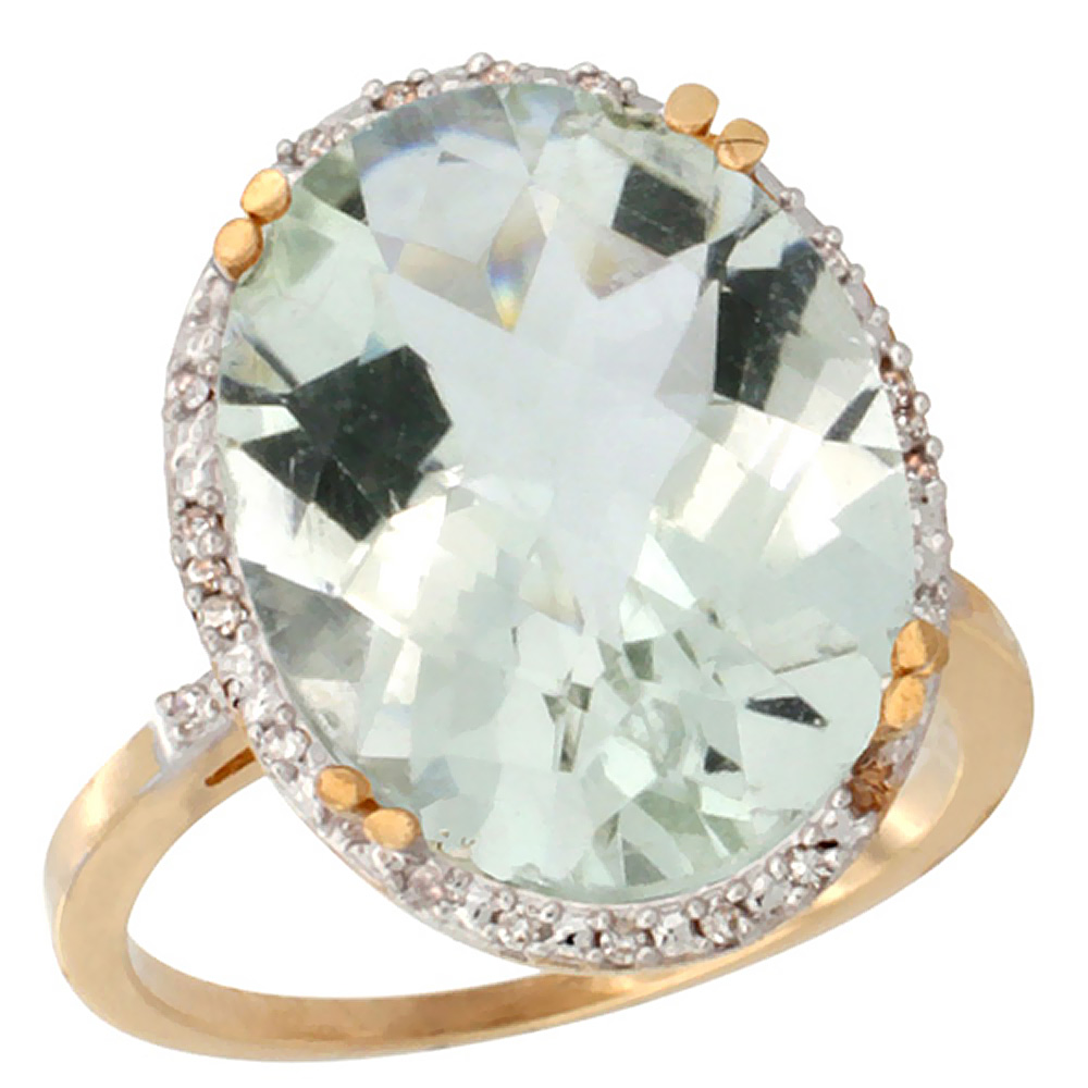 14K Yellow Gold Natural Green Amethyst Ring Large Oval 18x13mm Diamond Halo, sizes 5-10