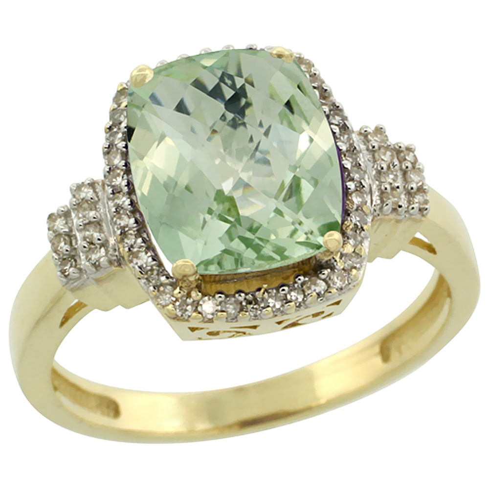 14K Yellow Gold Natural Green Amethyst Ring Cushion-cut 9x7mm Diamond Halo, sizes 5-10