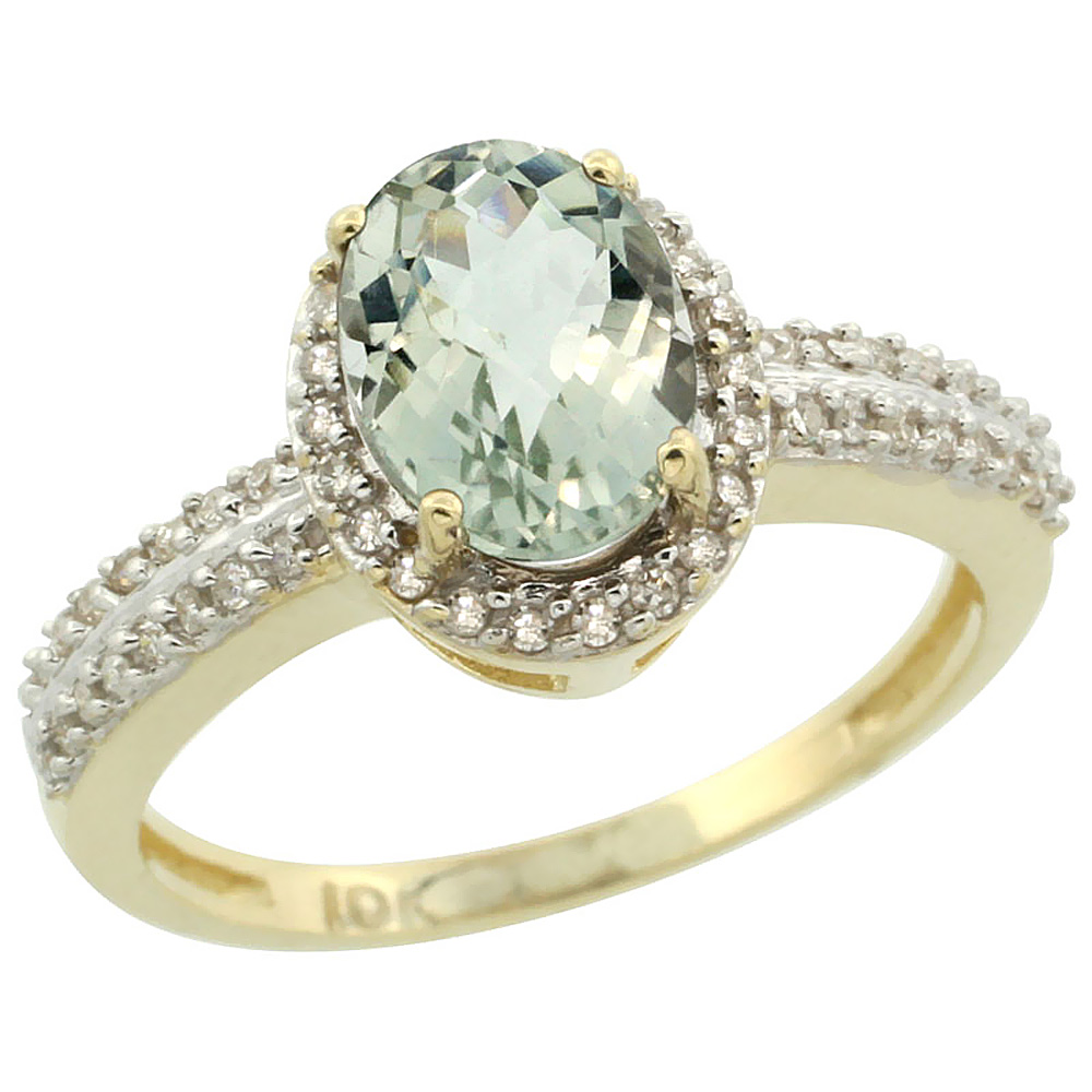 14K Yellow Gold Natural Green Amethyst Ring Oval 8x6mm Diamond Halo, sizes 5-10