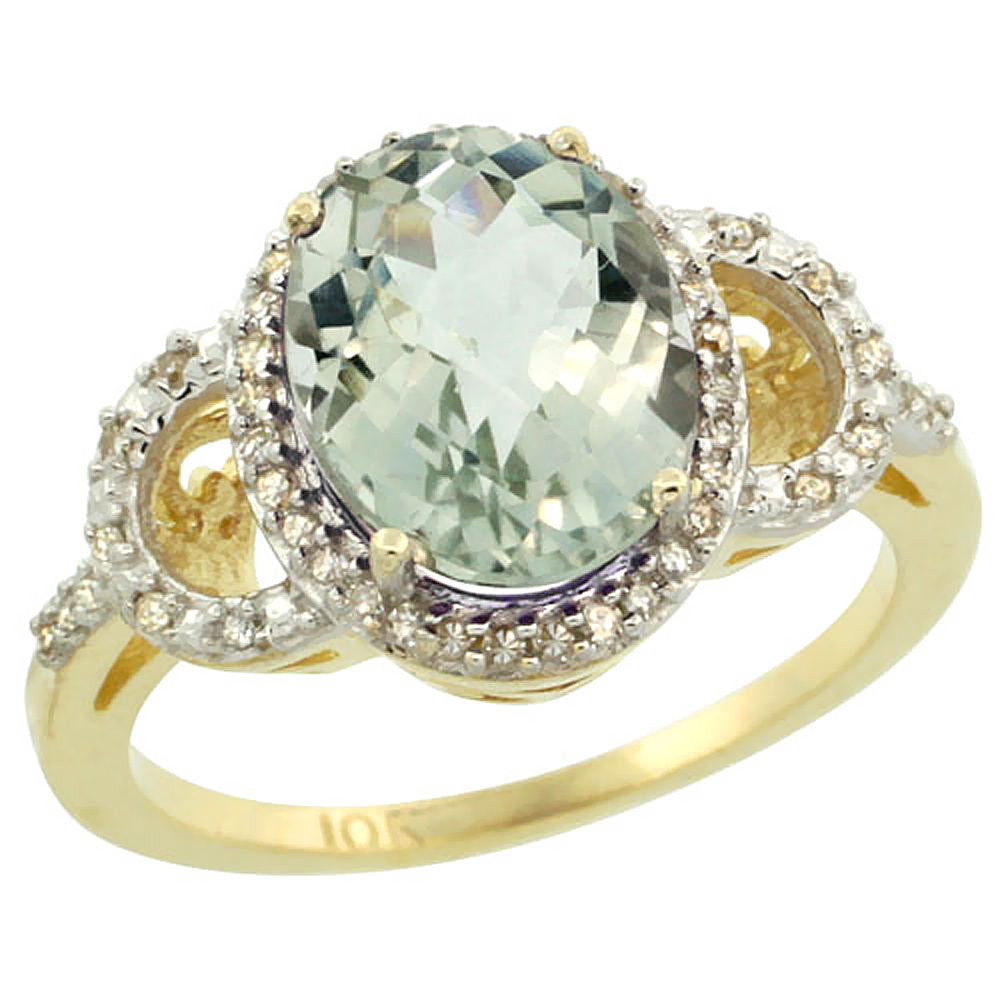 10K Yellow Gold Diamond Genuine Green Amethyst Engagement Ring Oval 10x8mm sizes 5-10