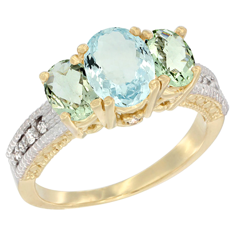 10K Yellow Gold Diamond Natural Aquamarine Ring Oval 3-stone with Green Amethyst, sizes 5 - 10