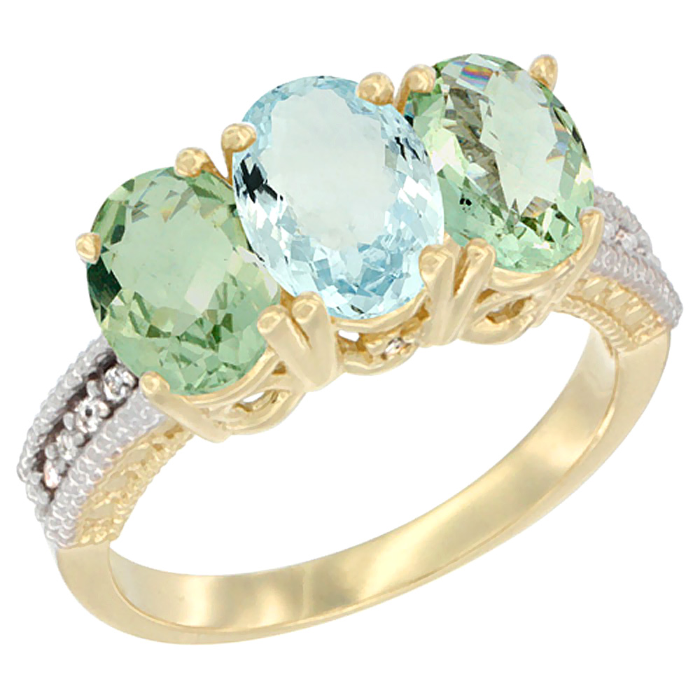 14K Yellow Gold Natural Aquamarine & Green Amethyst Sides Ring 3-Stone 7x5 mm Oval Diamond Accent, sizes 5 - 10