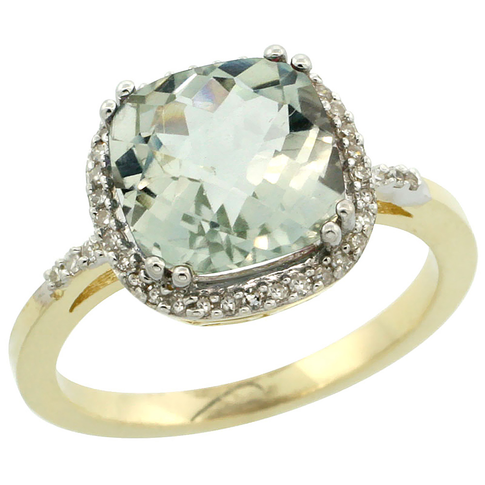 14K Yellow Gold Diamond Natural Green Amethyst Ring Cushion-cut 9x9mm, sizes 5-10