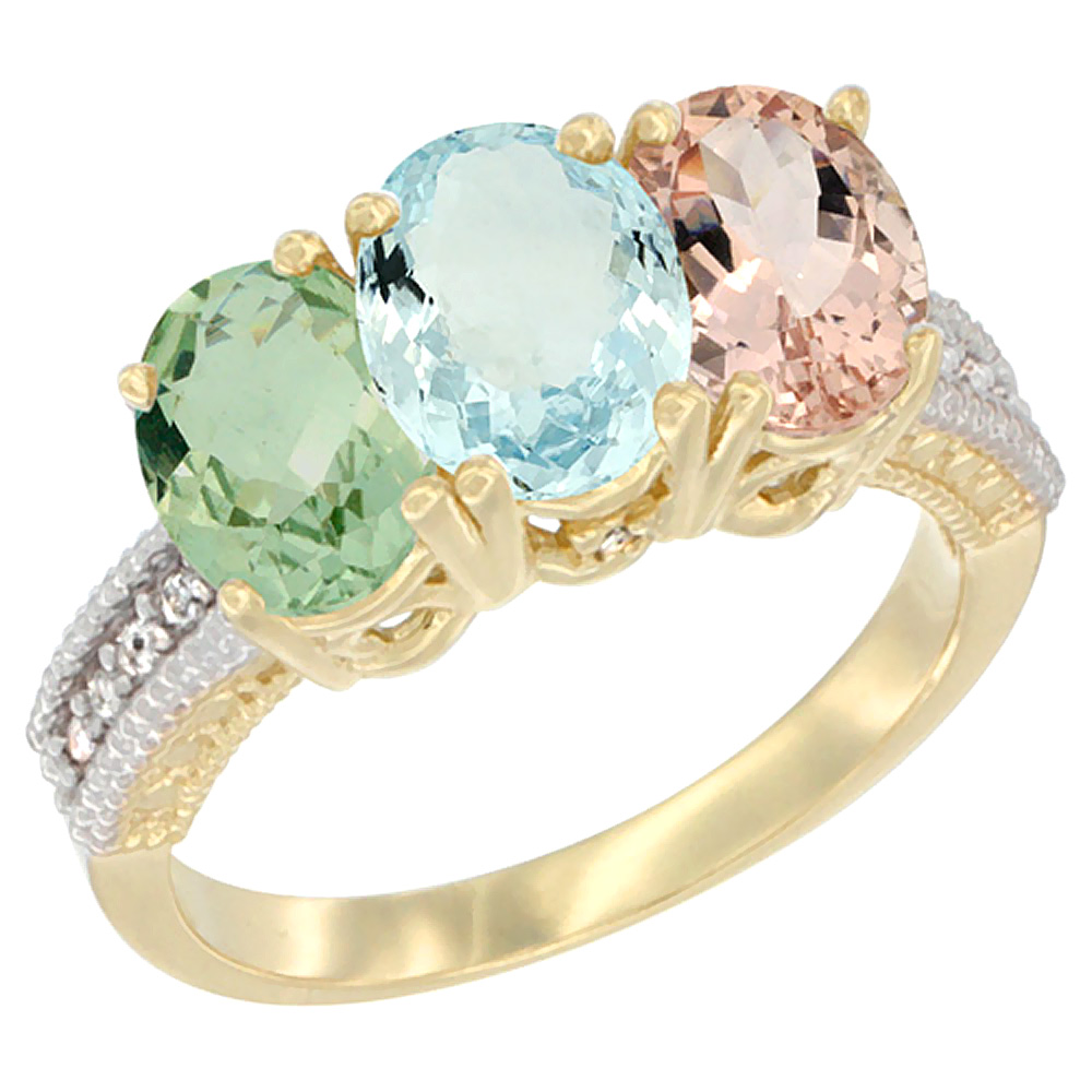 14K Yellow Gold Natural Green Amethyst, Aquamarine & Morganite Ring 3-Stone 7x5 mm Oval Diamond Accent, sizes 5 - 10