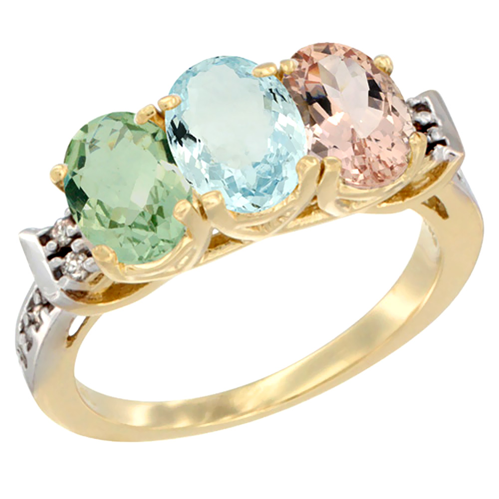 14K Yellow Gold Natural Green Amethyst, Aquamarine & Morganite Ring 3-Stone 7x5 mm Oval Diamond Accent, sizes 5 - 10