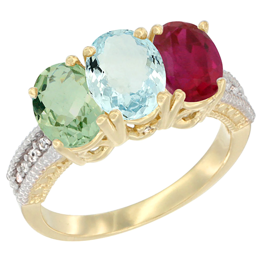 10K Yellow Gold Diamond Natural Green Amethyst, Aquamarine & Enhanced Ruby Ring 3-Stone Oval 7x5 mm, sizes 5 - 10