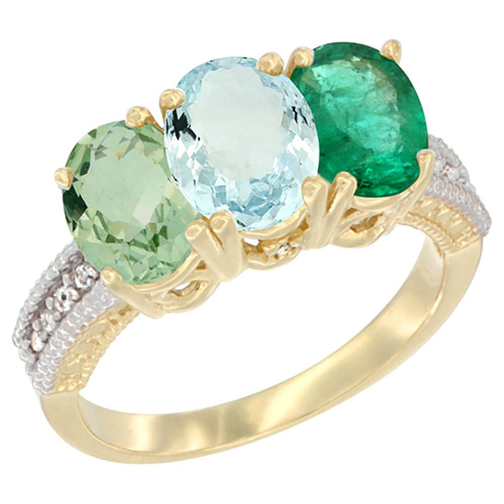 14K Yellow Gold Natural Green Amethyst, Aquamarine & Emerald Ring 3-Stone 7x5 mm Oval Diamond Accent, sizes 5 - 10