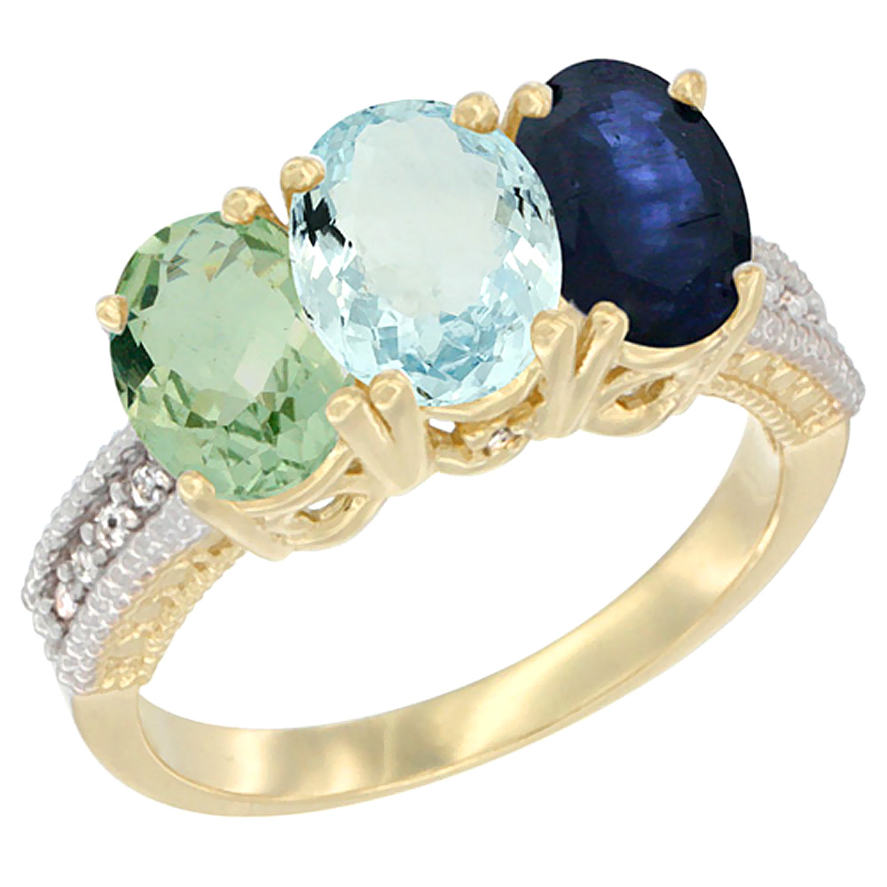 14K Yellow Gold Natural Green Amethyst, Aquamarine & Blue Sapphire Ring 3-Stone 7x5 mm Oval Diamond Accent, sizes 5 - 10