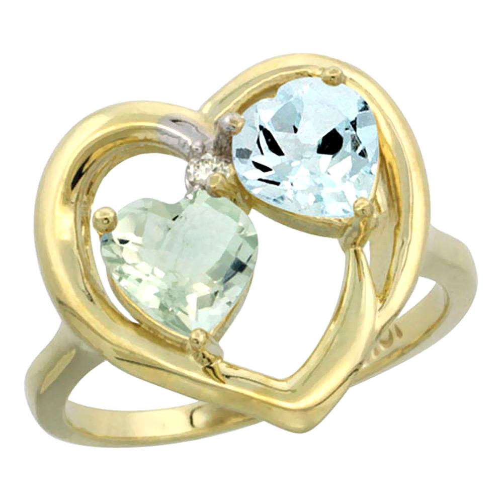 14K Yellow Gold Diamond Two-stone Heart Ring 6mm Natural Green Amethyst & Aquamarine, sizes 5-10