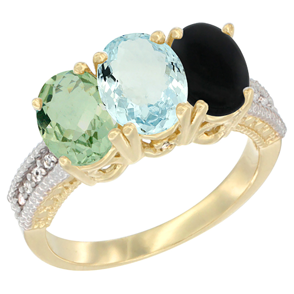 14K Yellow Gold Natural Green Amethyst, Aquamarine & Black Onyx Ring 3-Stone 7x5 mm Oval Diamond Accent, sizes 5 - 10